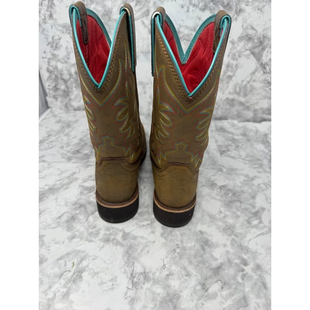 Ariat Fatbaby Western Boots Brown Leather Square Toe Turquoise Trim festival -7